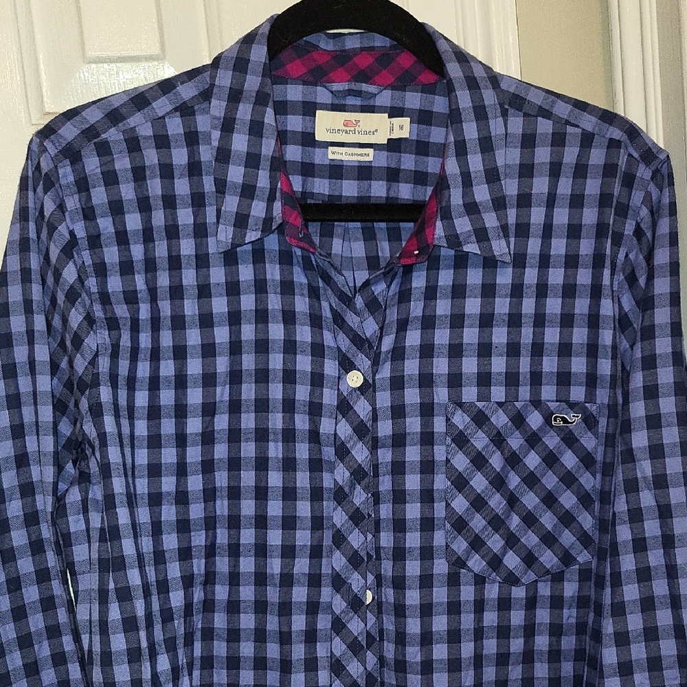 Vineyard Vines Women's Blue, Navy and Pink Checkered Shirt